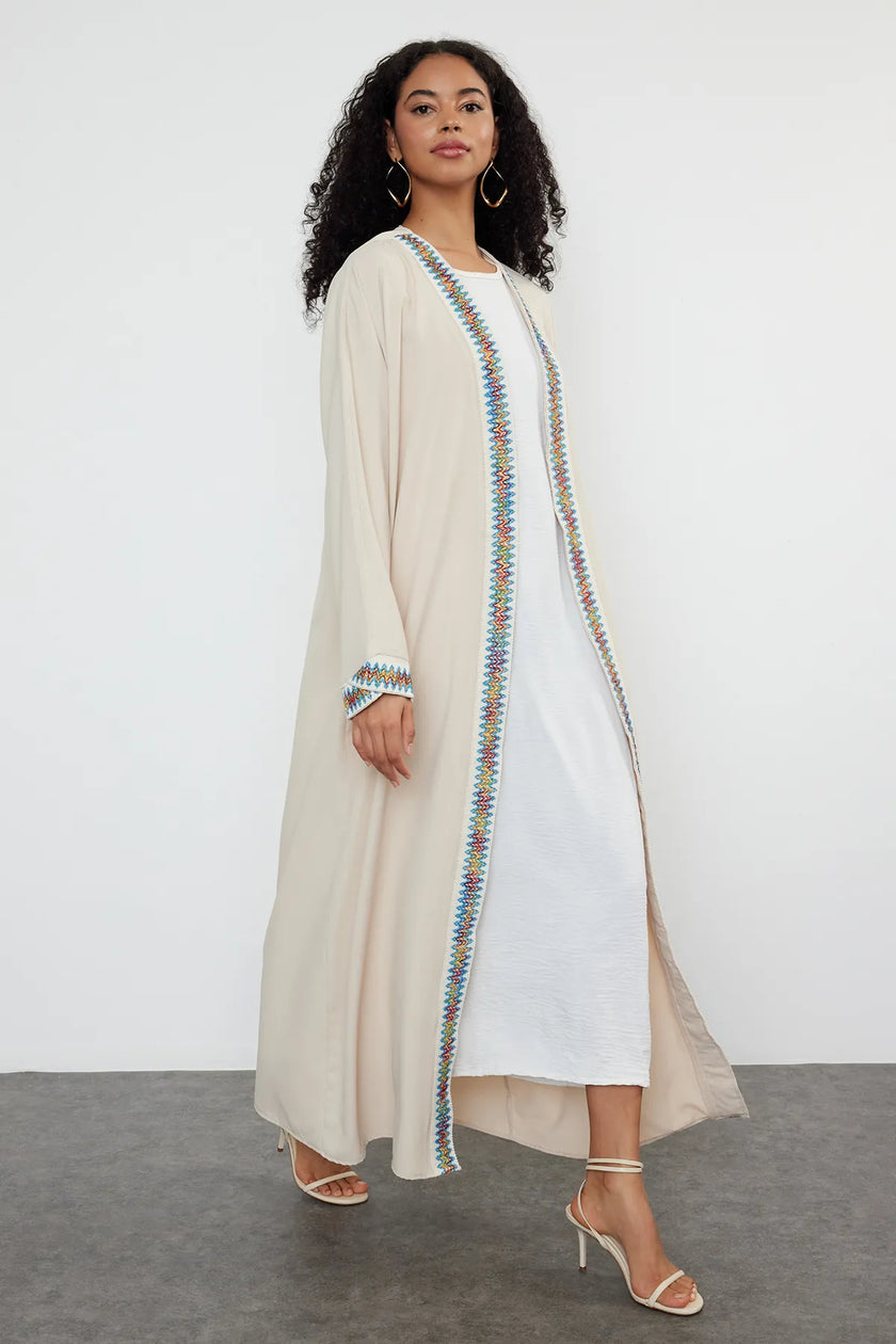 Stone Colored Accessory Piping Woven Cape & Abaya