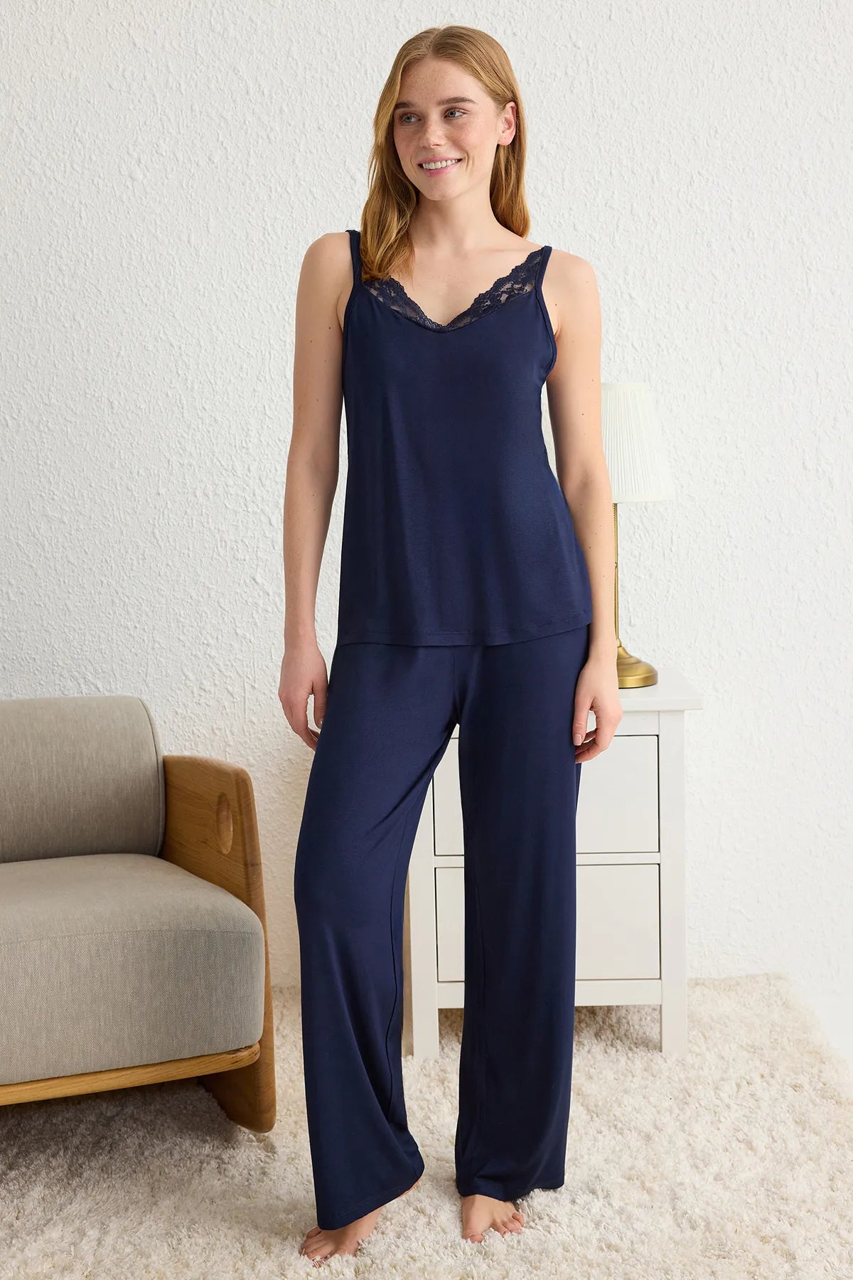 Navy Blue Lace Detailed Knitted Pajama Set