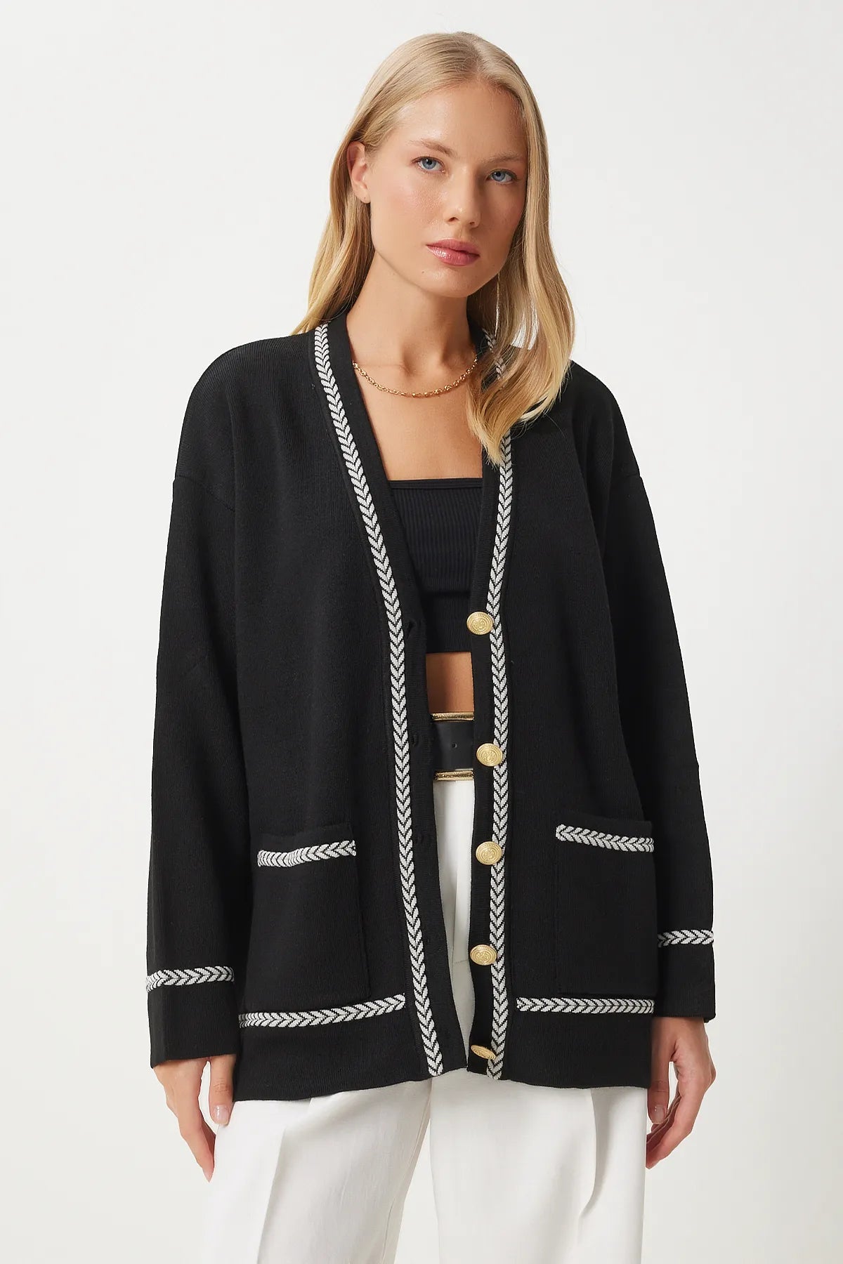 Black Contrast Detail Pocket Long Knit Cardigan