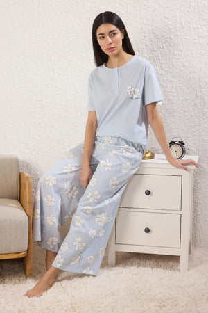 Blue Floral Buttoned Knitted Pajama Set THMSS25PT00179