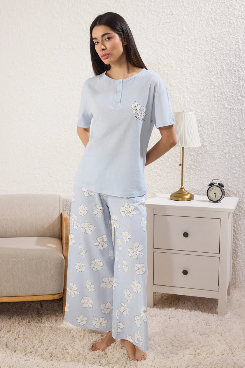 Blue Floral Buttoned Knitted Pajama Set THMSS25PT00179