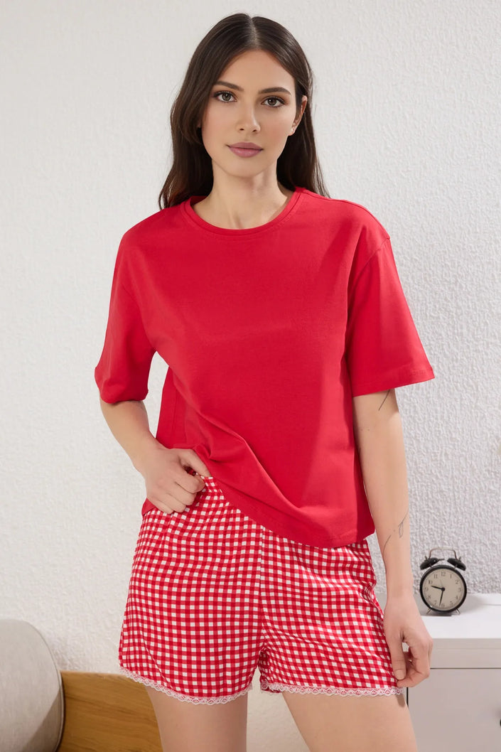 Red Gingham Lace Detailed Viscose Shorts Knitted Pajama Set