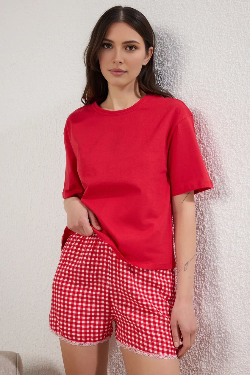 Red Gingham Lace Detailed Viscose Shorts Knitted Pajama Set