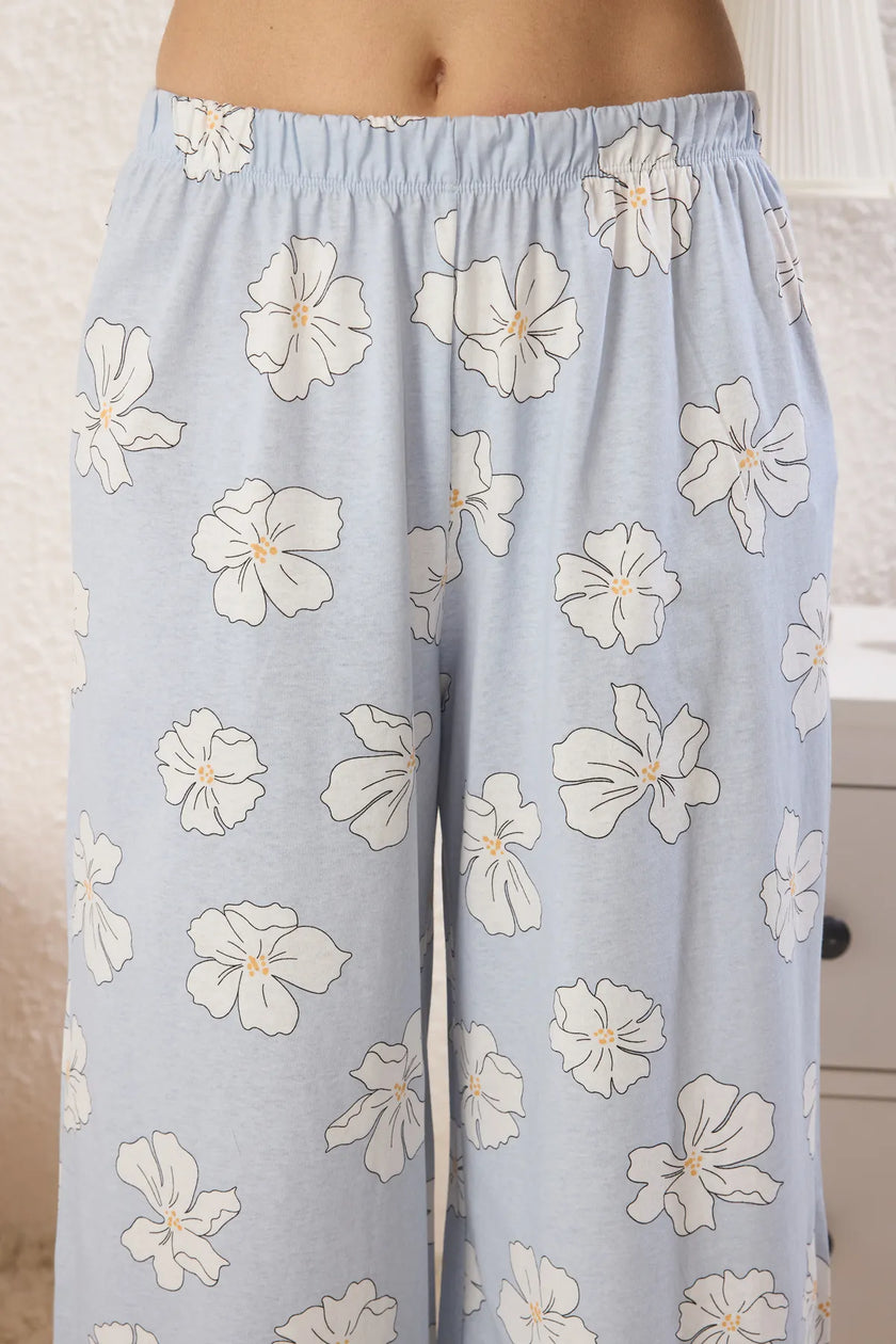 Blue Floral Buttoned Knitted Pajama Set THMSS25PT00179
