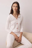 White Multicolored Floral Ribbon Detail Textured Pique Fabric Knit Pajama Set