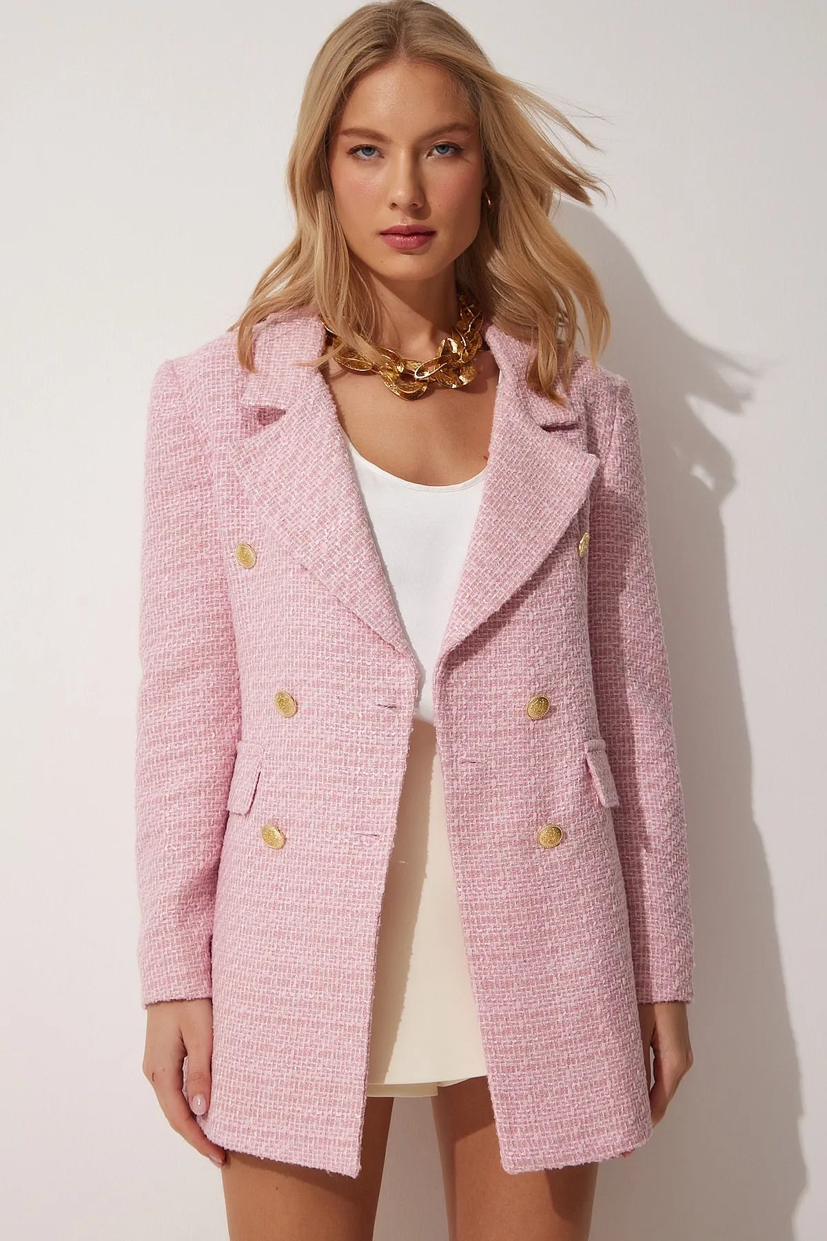 Pink Buttoned Blazer Tweed Jacket