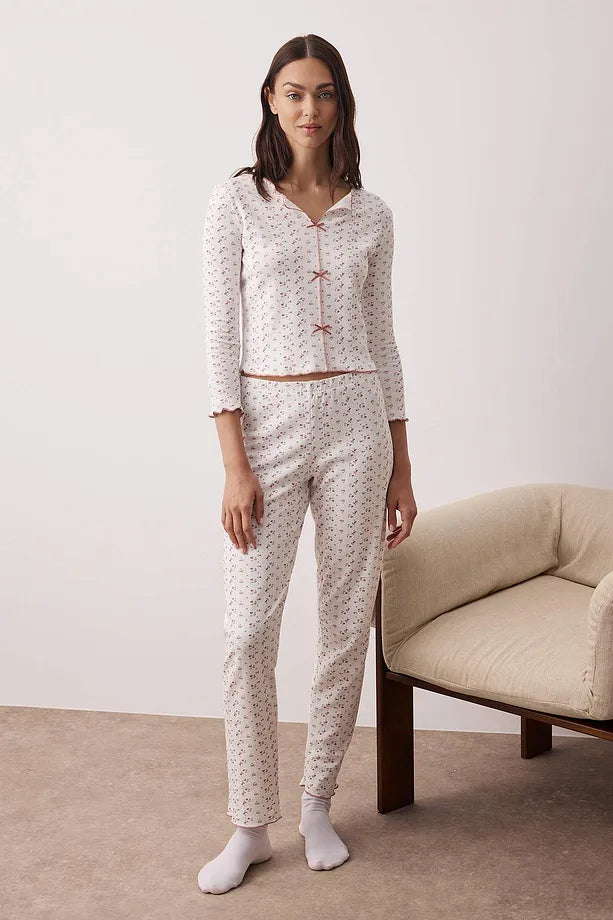 White Multicolored Floral Ribbon Detail Textured Pique Fabric Knit Pajama Set