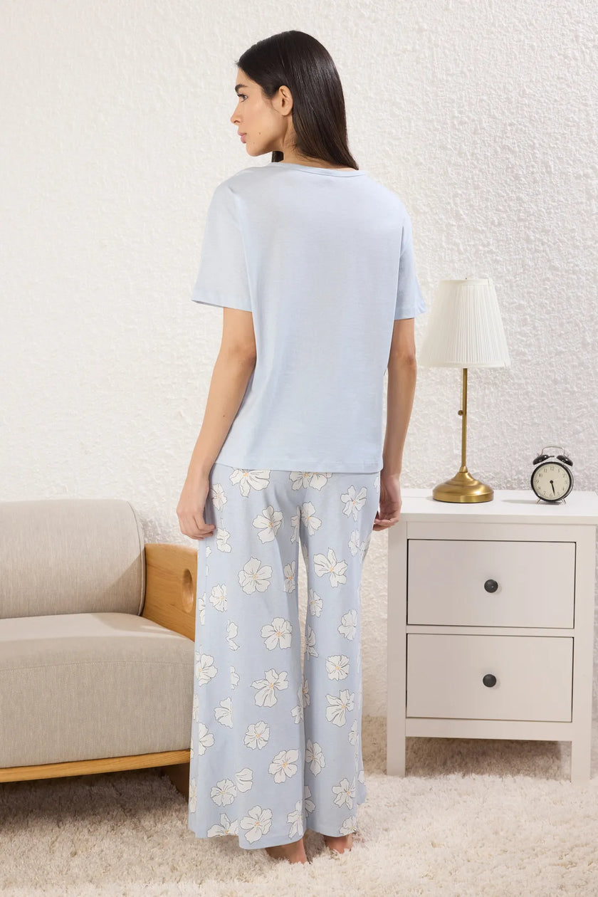 Blue Floral Buttoned Knitted Pajama Set THMSS25PT00179