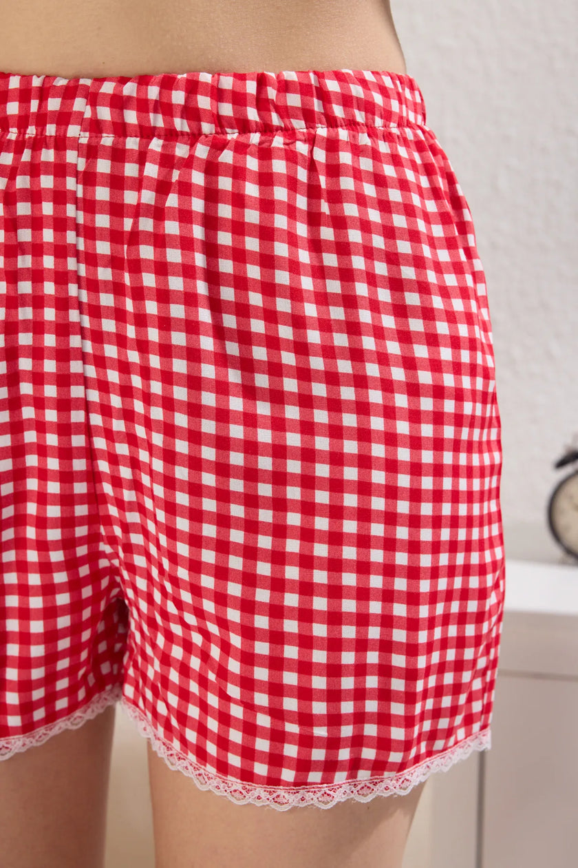 Red Gingham Lace Detailed Viscose Shorts Knitted Pajama Set