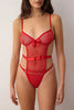 Red Mesh Fitted Bow Plain Unlined Bodysuit