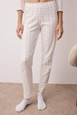 White Multicolored Floral Ribbon Detail Textured Pique Fabric Knit Pajama Set