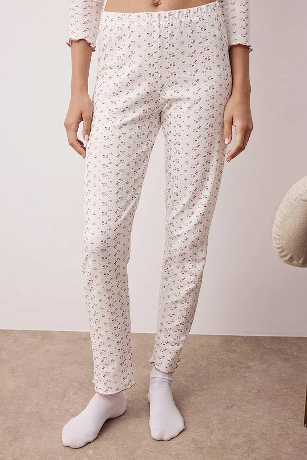 White Multicolored Floral Ribbon Detail Textured Pique Fabric Knit Pajama Set