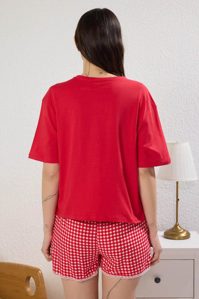 Red Gingham Lace Detailed Viscose Shorts Knitted Pajama Set