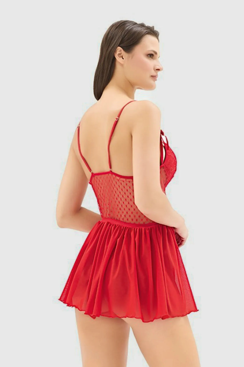 Red Lace Ribbon/Bow and Piping Openwork/Open Knitted Babydoll