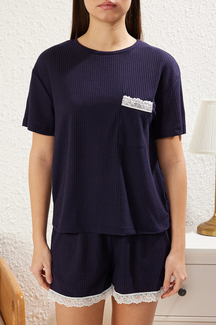 Navy Blue Lace Detailed Ribbed Shorts Knitted Pajama Set