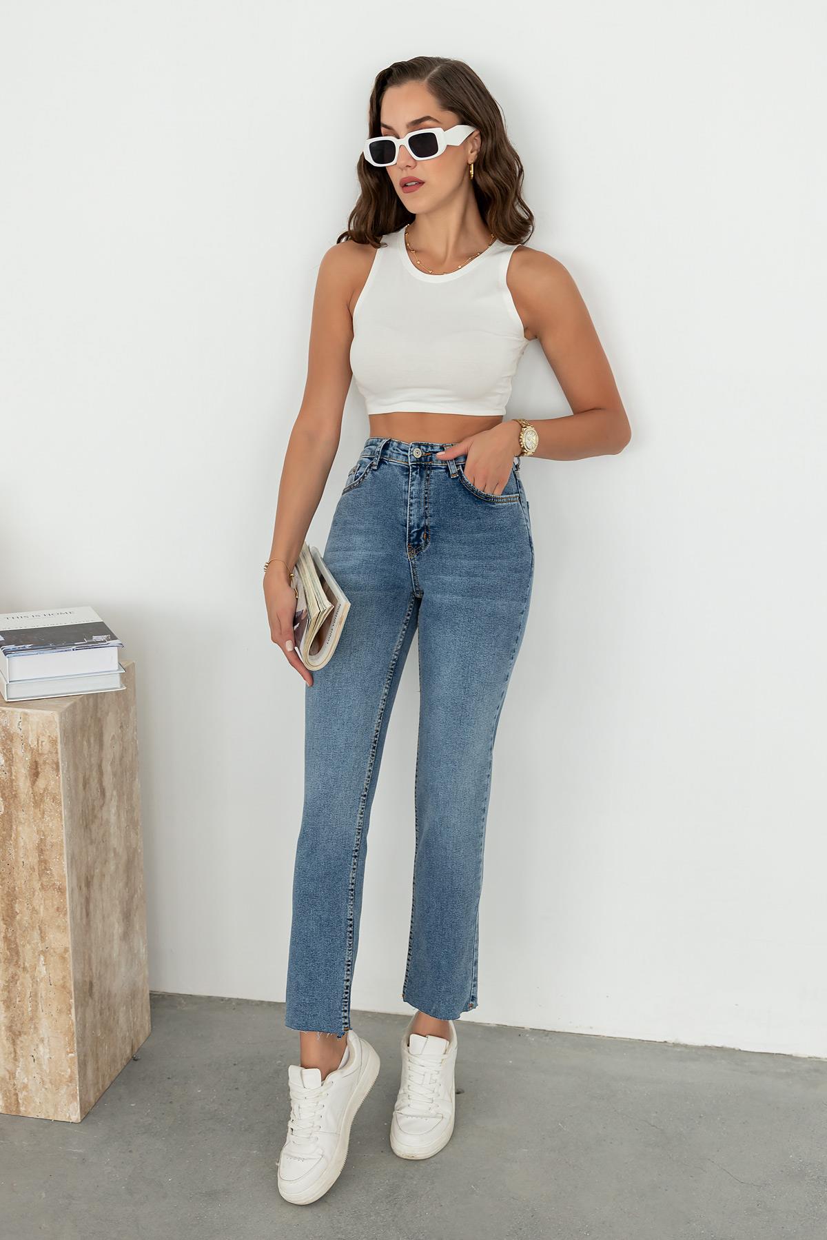 Tube Cuffed Jean Trousers - BLUE