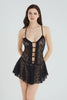 Black Ruffle and Window/Cut Out Detailed Pantyhose Lace Coverless Knitted Babydoll