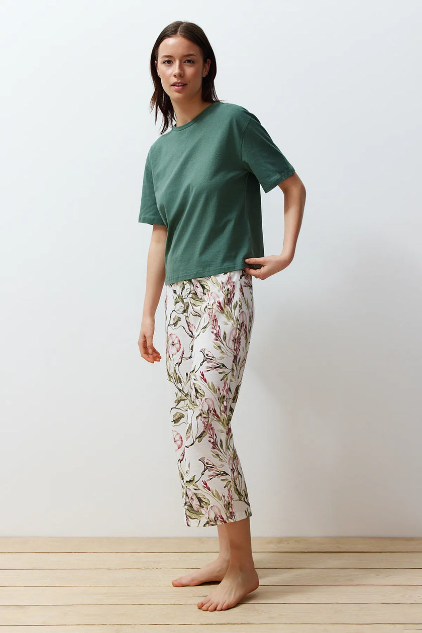 Green Floral Capri Knitted Pajama Set