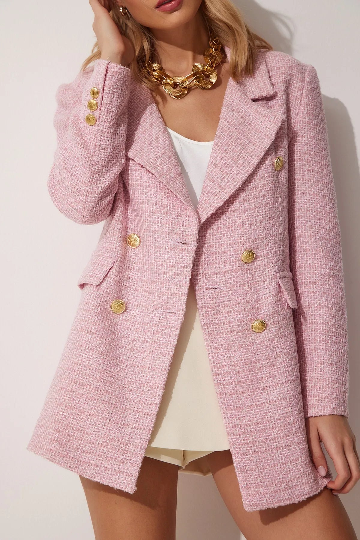 Pink Buttoned Blazer Tweed Jacket