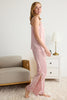 Pink Lace, Slit and Ribbon/Bow Detailed Satin Woven Pajama Set
