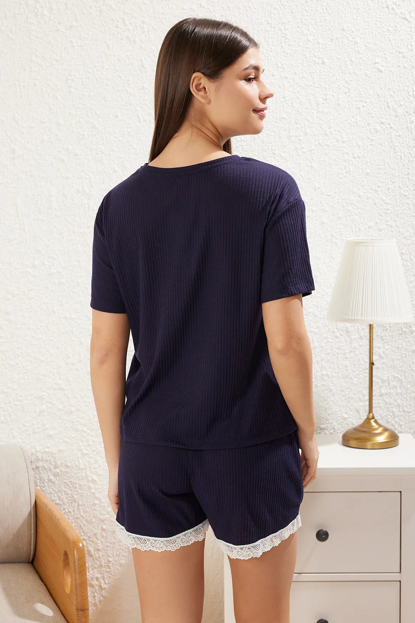 Navy Blue Lace Detailed Ribbed Shorts Knitted Pajama Set