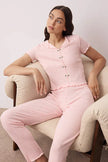 Pink Collar and Baby Overlock Detailed Floral Ribbed Knit Pajama Set