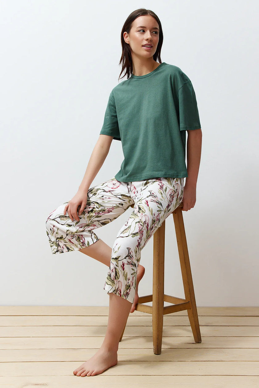 Green Floral Capri Knitted Pajama Set