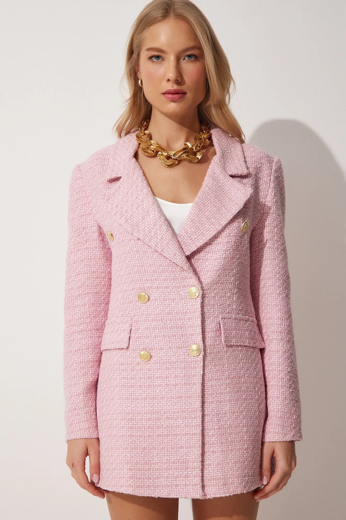 Pink Buttoned Blazer Tweed Jacket