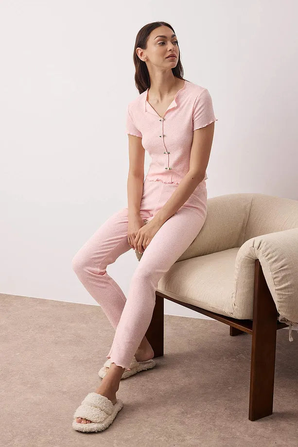 Pink Collar and Baby Overlock Detailed Floral Ribbed Knit Pajama Set