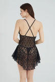Black Ruffle and Window/Cut Out Detailed Pantyhose Lace Coverless Knitted Babydoll