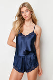 Navy Blue Lace Rope Strap Satin Shorts Woven Pajama Set