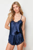 Navy Blue Lace Rope Strap Satin Shorts Woven Pajama Set
