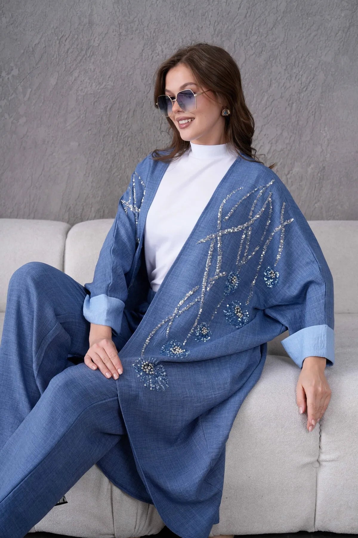 Women's Linen Kimono Suit with Sequin Embroidery and Pearl Detail on Front