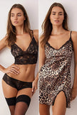 Black and Multicolored Leopard Satin Weave Nightgown