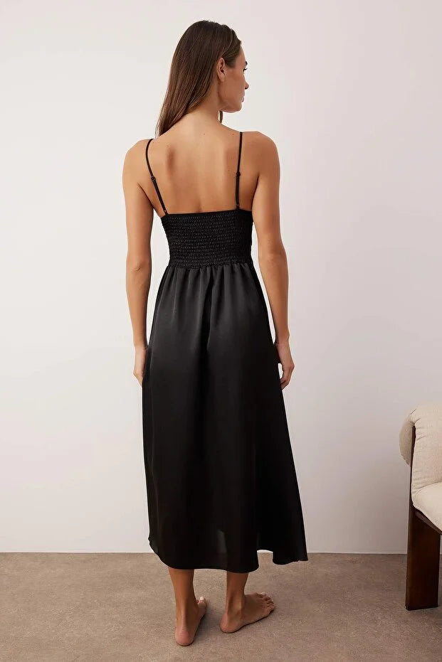 Black Plain Satin Weave Nightgown | Home Wear | Lingerie | Lebbse Black Plain Satin Weave Nightgown | Home Wear | Lingerie | Lebbse