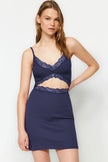 Navy Blue Cotton Lace Rope Strap Ribbed Knit Nightgown