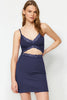 Navy Blue Cotton Lace Rope Strap Ribbed Knit Nightgown