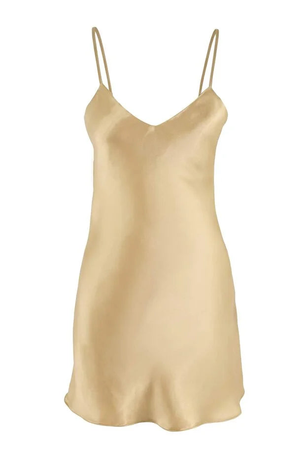 Gold Beige Satin Woven Nightdress with Lace-Up Back and Spaghetti Straps | Home Wear | Lingerie | Lebbse Gold Beige Satin Woven Nightdress with Lace-Up Back and Spaghetti Straps | Home Wear | Lingerie | Lebbse