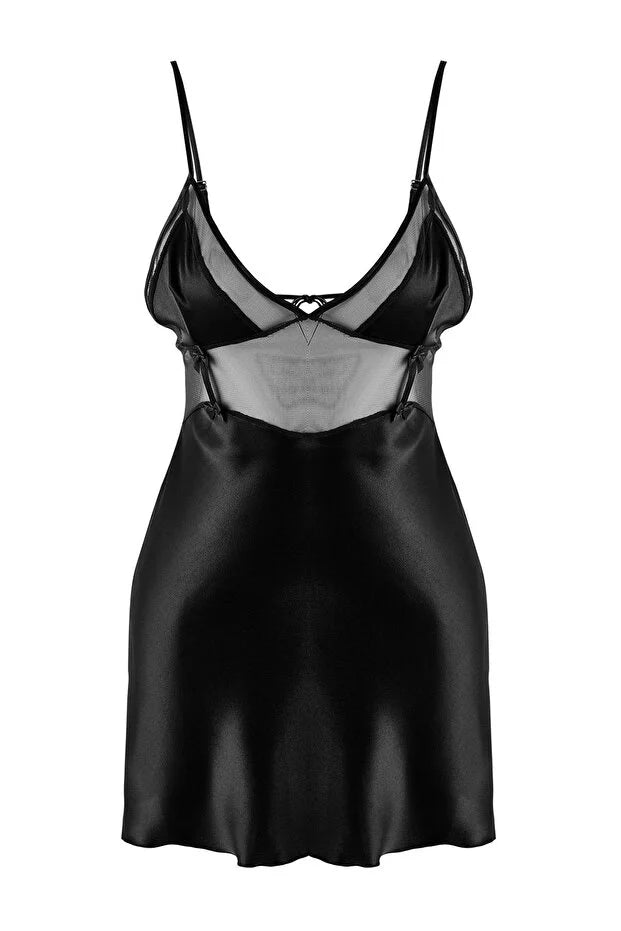 Black Satin Mesh Plain Uncovered Babydoll