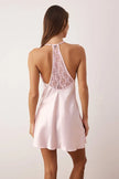 Pink Single Plain Lace Satin Weave Nightgown