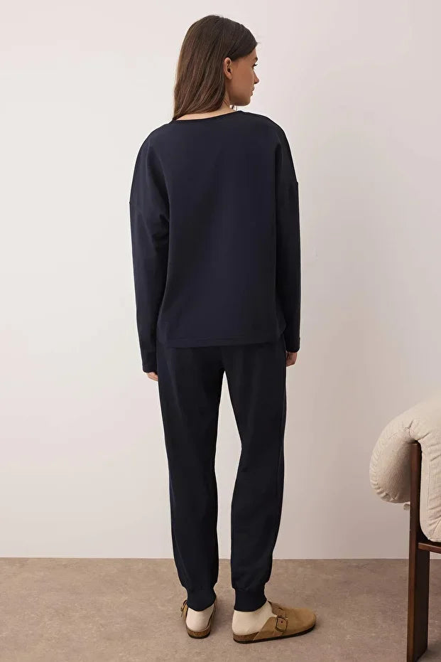 Navy Blue Christmas-Themed Slogan Embroidered Knitted Pajama Set