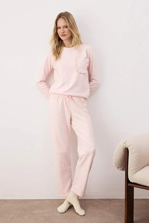 Powder Heart Pattern Knitted Pajama Set with Ruffles and Pockets