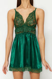 Green Satin Lace Rope Strap Knitted Babydoll