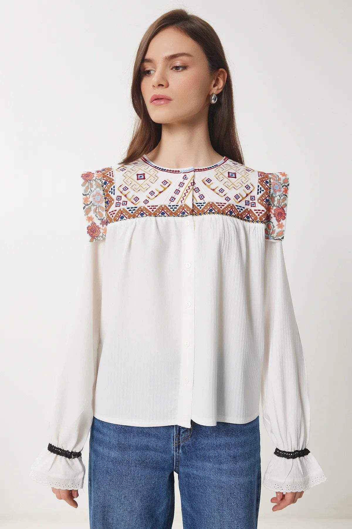 Embroidered Cotton Shirt Blouse WHITE