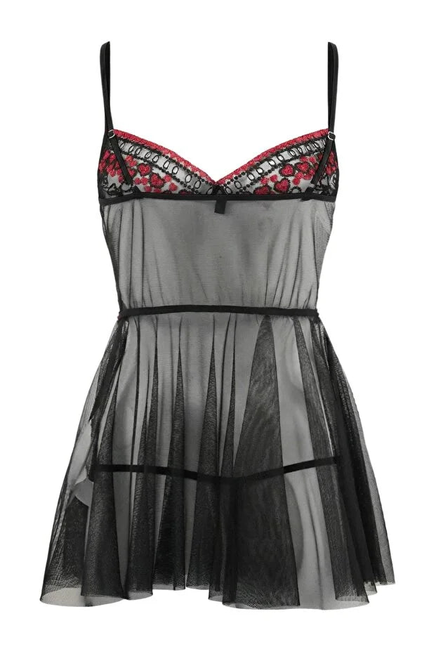 Black Heart Embroidered Non-Padded Fantasy Nightdress / Babydoll