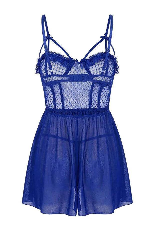 Dark Blue Polka Dot Babydoll with Bust Detail / Fantasy Nightdress