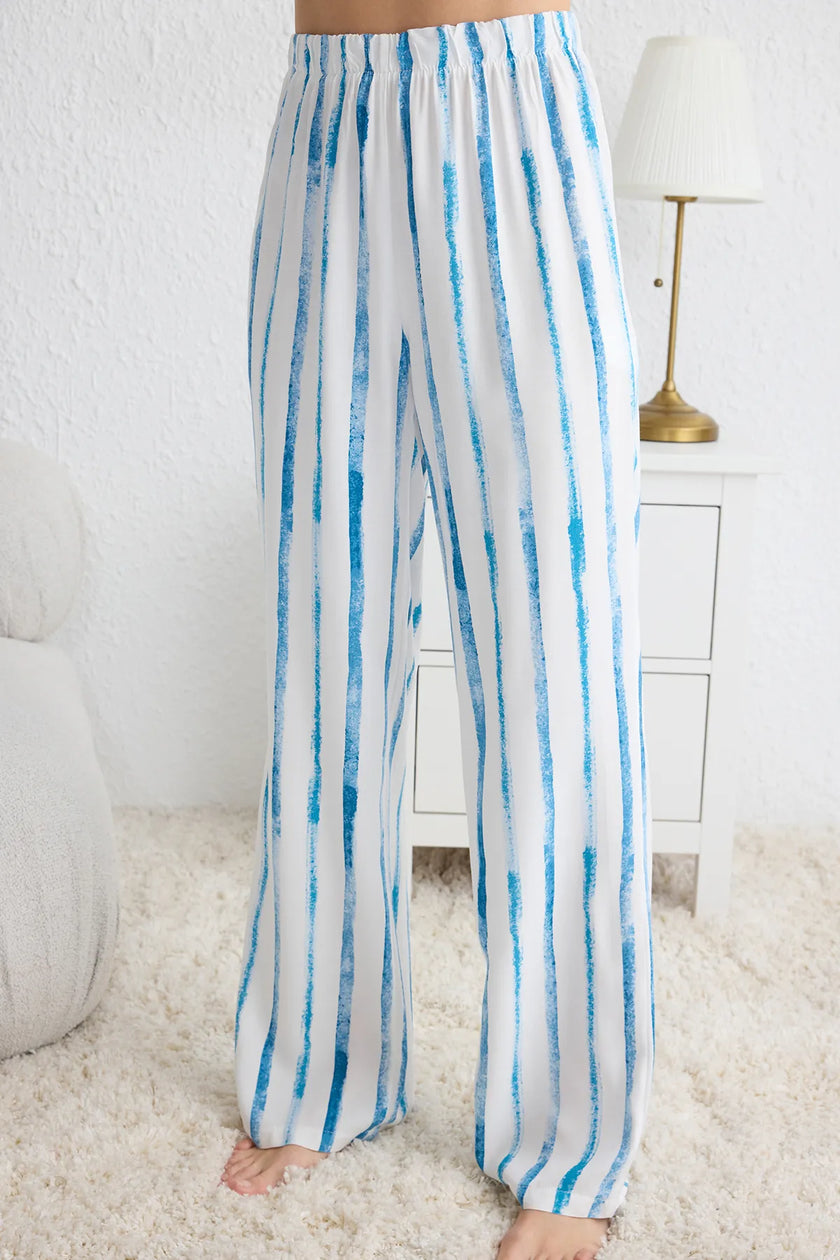 White-Blue 100% Cotton Striped Printed Baby Overlock Detailed Knitted Pajama Set