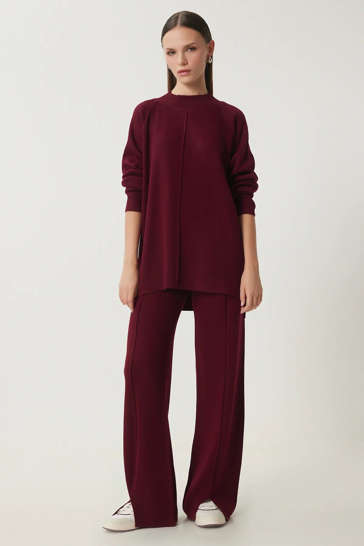 Stylish Knitted Sweater Trouser Set BORDO