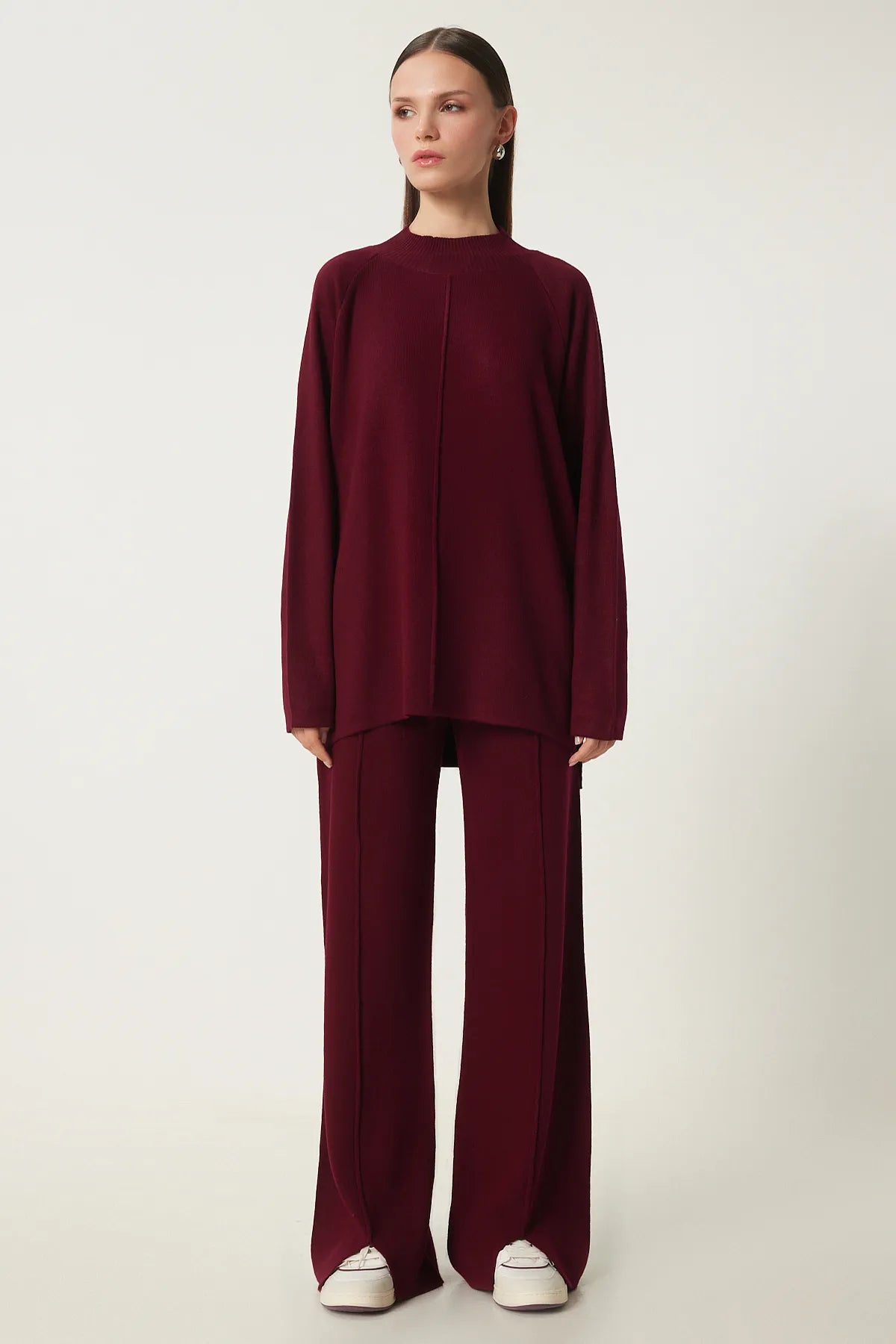 Stylish Knitted Sweater Trouser Set BORDO