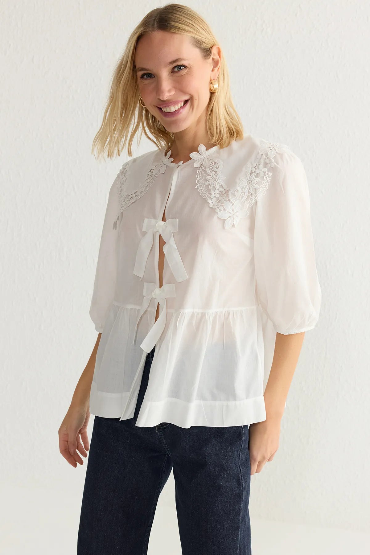 White Front Tie and Lace Detail Woven Shirt